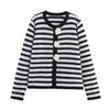 Kaslead New Women clothes Western Style Fashion Simple Flower Button Decoration Stripe Cardigan