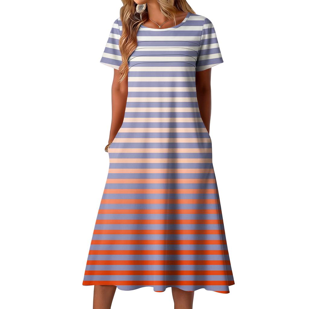Ladies' striped printed casual and fashionable short sleeved round neck dress