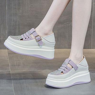 New Rhinestone Roman Sandals Women's Inner Height Increase In Summer 2025 Two Wear Hollow Single Shoes Thick-soled Muffin White Shoes