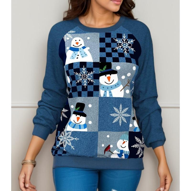 Casual Christmas Party Shirt with Snowman and Penguins Print, Long Sleeve Thin O-Neck