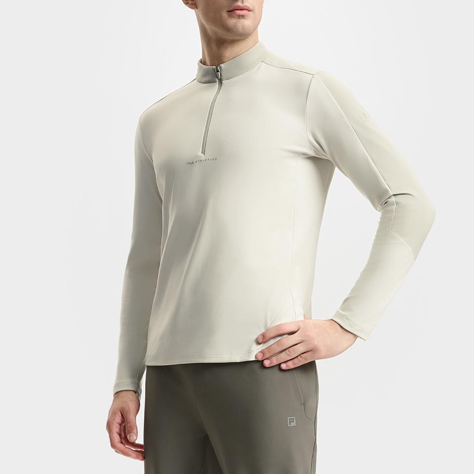 FILA Fitness Color Block Fleece Knit Comfortable Long Sleeve T-Shirt Men Tops White-Birch Gray A11M511222F-GY