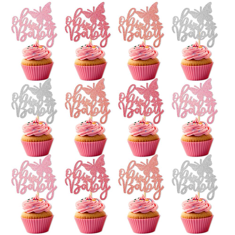 Baby Birthday Celebration Cake Decor Kit With Pink Glitter Paper Flags Event For