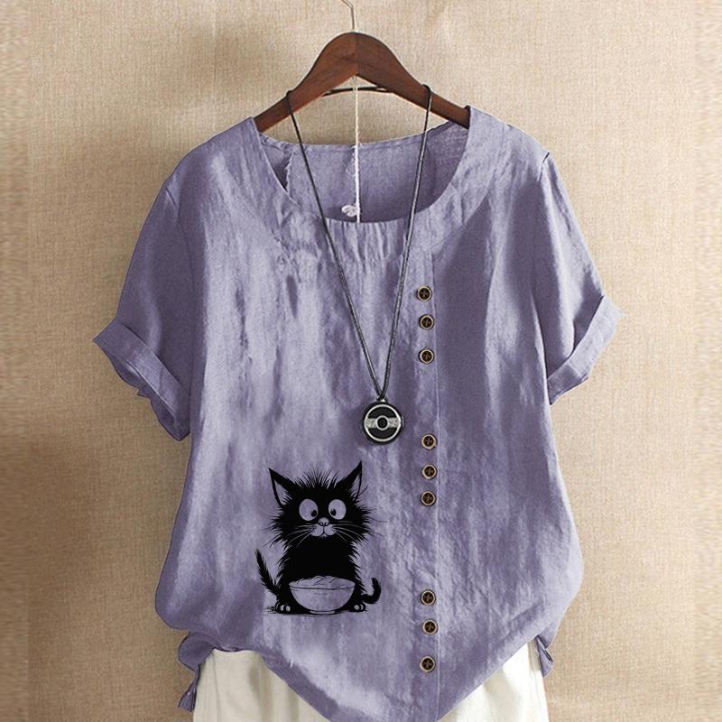 Women's Fashion Black Cat Prined Short Sleeve T-shirt Loose Cotton Shirt Casual Loose Summer Blouse Plus Size Tops
