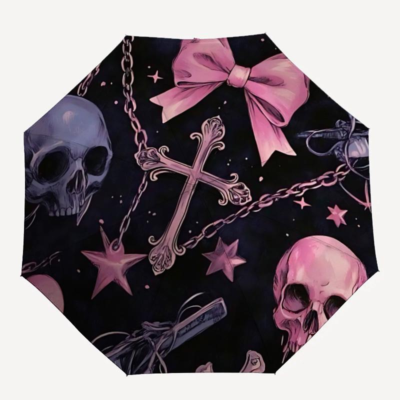 1pc Gothic Skulls Automatic Open/Close Umbrella Compact Folding Umbrella, All-Season Portable Umbrella for Women/Men095
