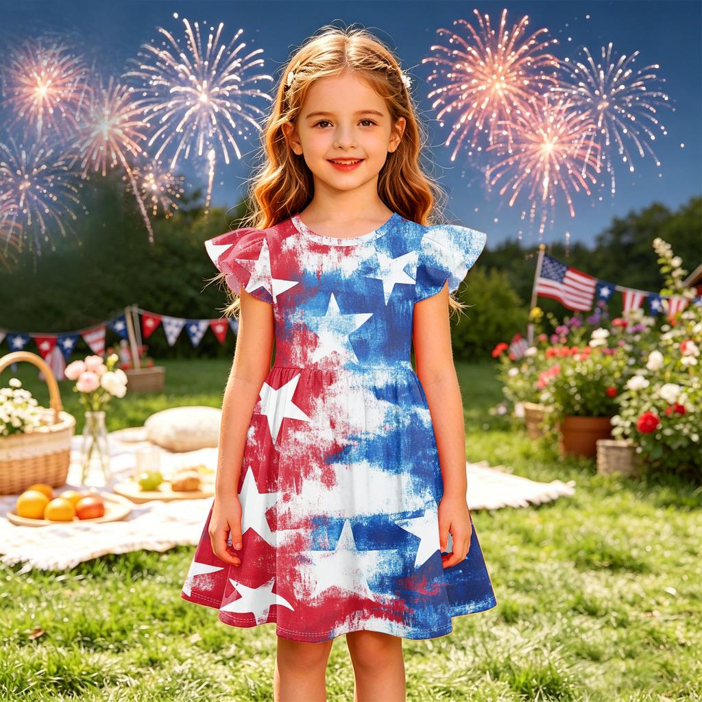 Girls Dress Sleeveless Ruffle Sleeve Independence Day Spliced Star Pattern Casual A-Line Dress for Kids