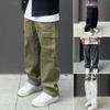 Men Cargo Pants Elastic Waist Loose Wide Leg Solid Color Multi Pockets Retro Straight Deep Crotch Soft Breathable Men Four Seasons Long Trousers
