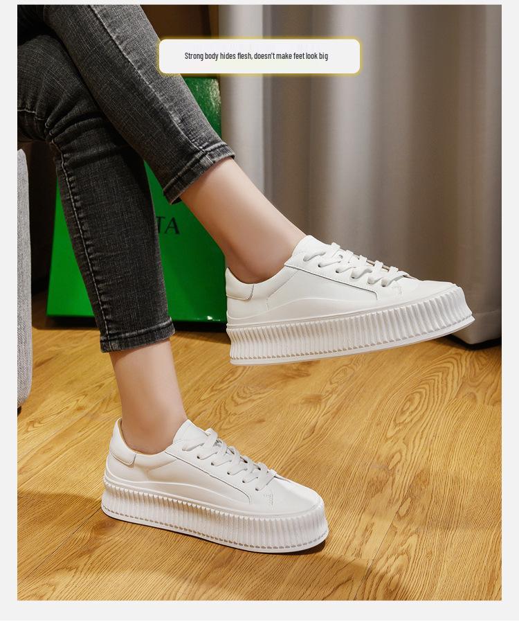 Women's Genuine Leather Thick-Soled White Shoes, Spring 2026 New Arrival, Versatile Platform Sneakers That Slim the Feet.