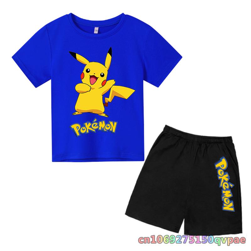 Children's Clothes Cartoon Summer Kids Animal Pokemon T-shirt Set Boys' Clothing  Leisure Cotton Pikachu Print Short Sleeve