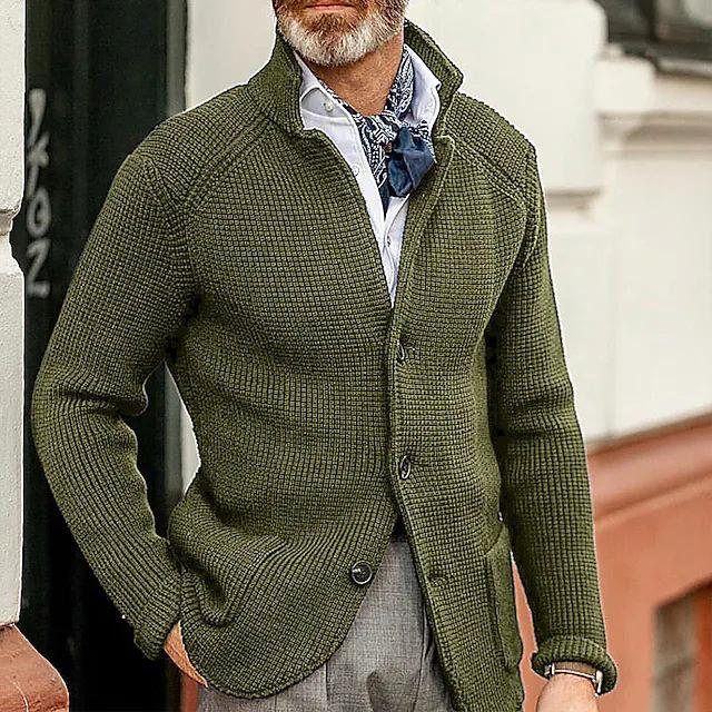 Men's Casual Long Sleeve Solid Color Knitted Cardigan - European & American Fashion