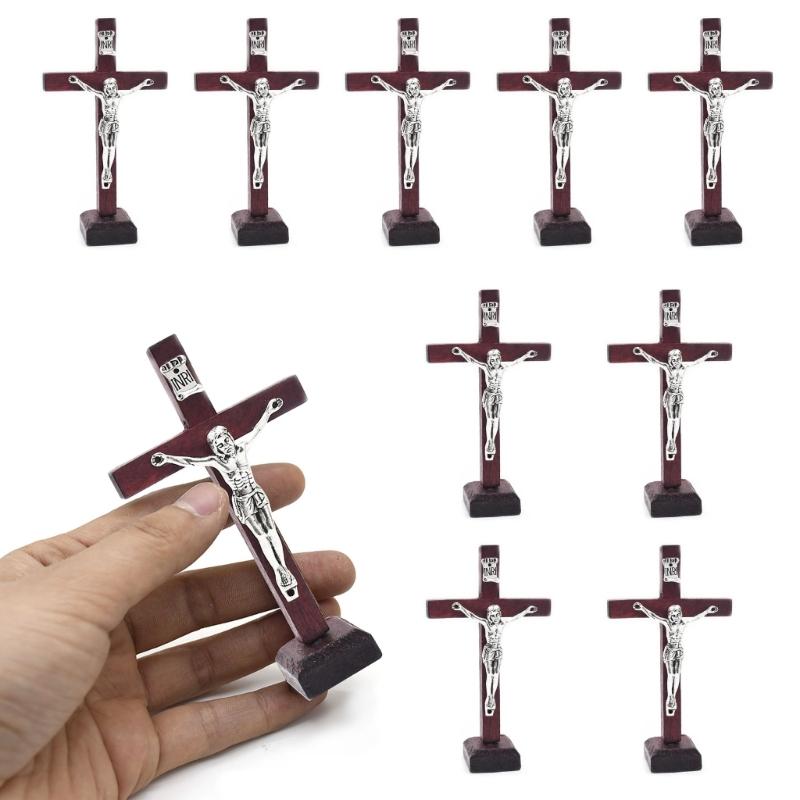 10pcs Wooden Cross Ornament with Stable Base Stand Decorative Cross for Churches Decoration Religious Tabletop Decor