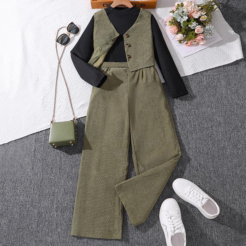 

European & American Kids Spring Three-Piece Outfit: Korean Style Vest, Long Sleeve Cardigan, Knitwear, & Long Pants Set. 150cm/10Y зелений