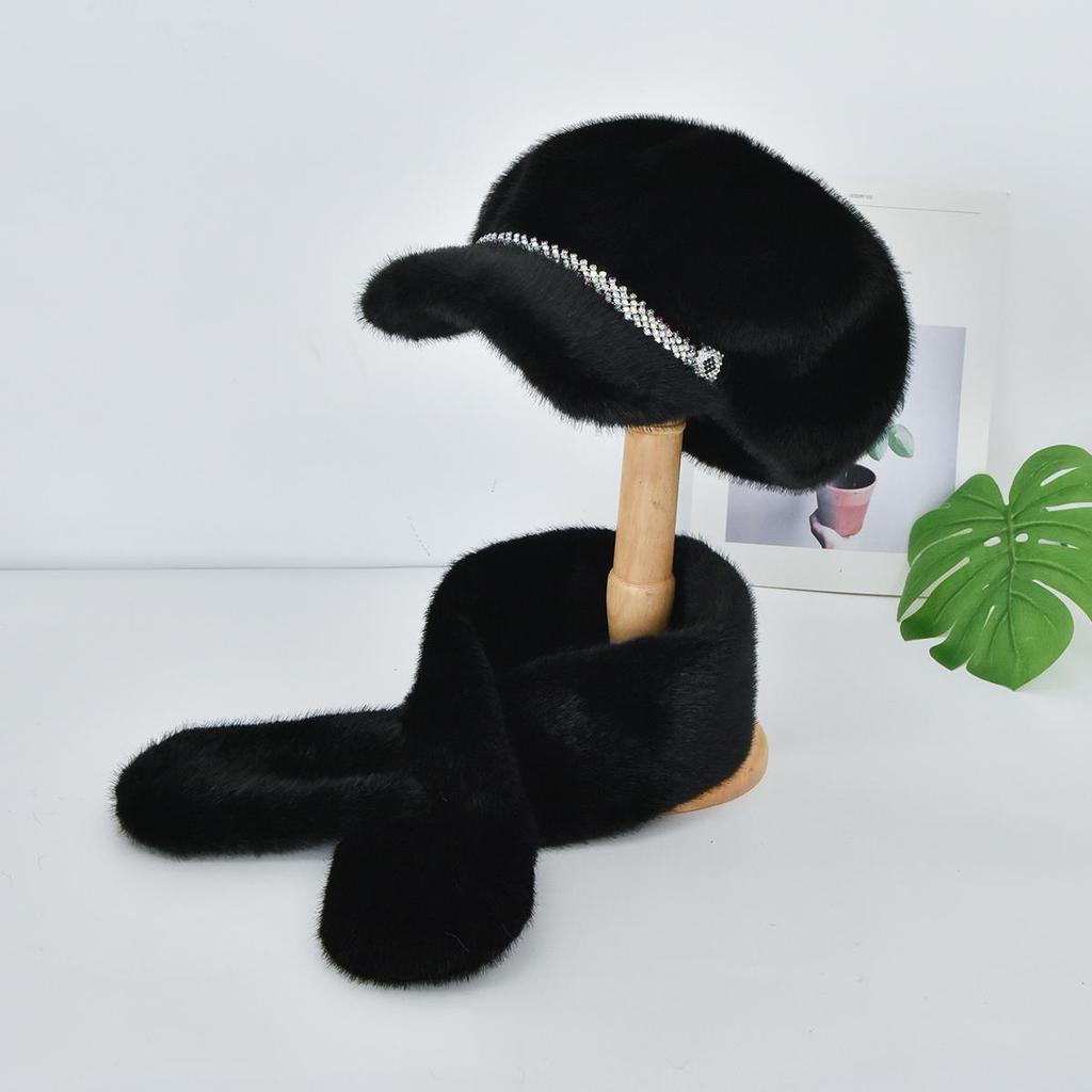 Luxury Faux Mink Fur Beret with Visor for Women, Winter Hat&Scarf Set,Outdoor Peaked Beret with Rhinestone Embellishment