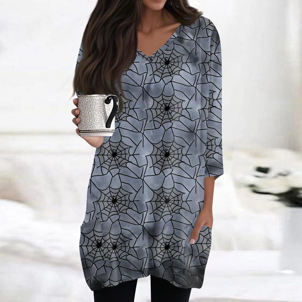 Womens Tops V-neck 3/4 Sleeve Blouses Casual Mid-length Shirts Fashion Halloween Print Tunic Tops With Pockets