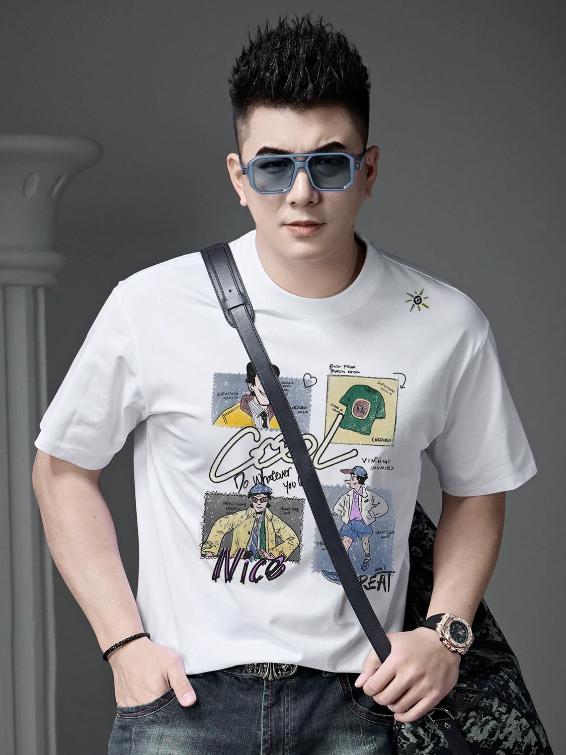 

European Goods 2025 Summer New Men s Round Neck Short-Sleeved T-Shirt Trendy Brand Cartoon Print Top Casual Half-Sleeved T-Shirt 4XL белый