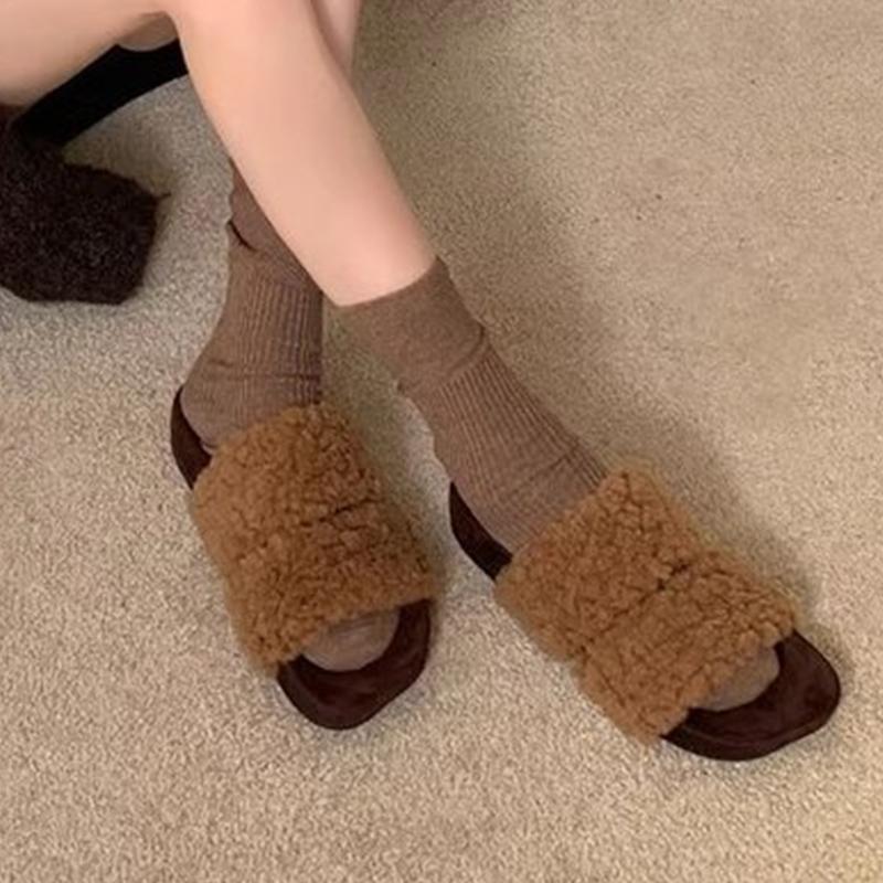 Fur Flats Women Slippers Designer Square Toe Short Plush Casual Shoes 2025 Trend Walking Cozy Home Winter New Mujer Zapatillas