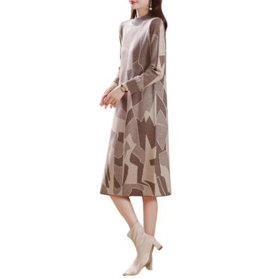 Geometric Knit Mock Geometric Size L ROSELUCA. Dress, Women's, Knee-Length, Spring/Autumn, Neck, Elegant, Print, Retro, Cashmere-Like, Soft, Simple,