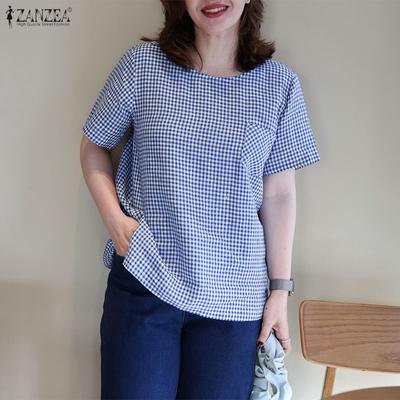 Damen Lässige Rundhals Kurzarm Karierte Print Bluse