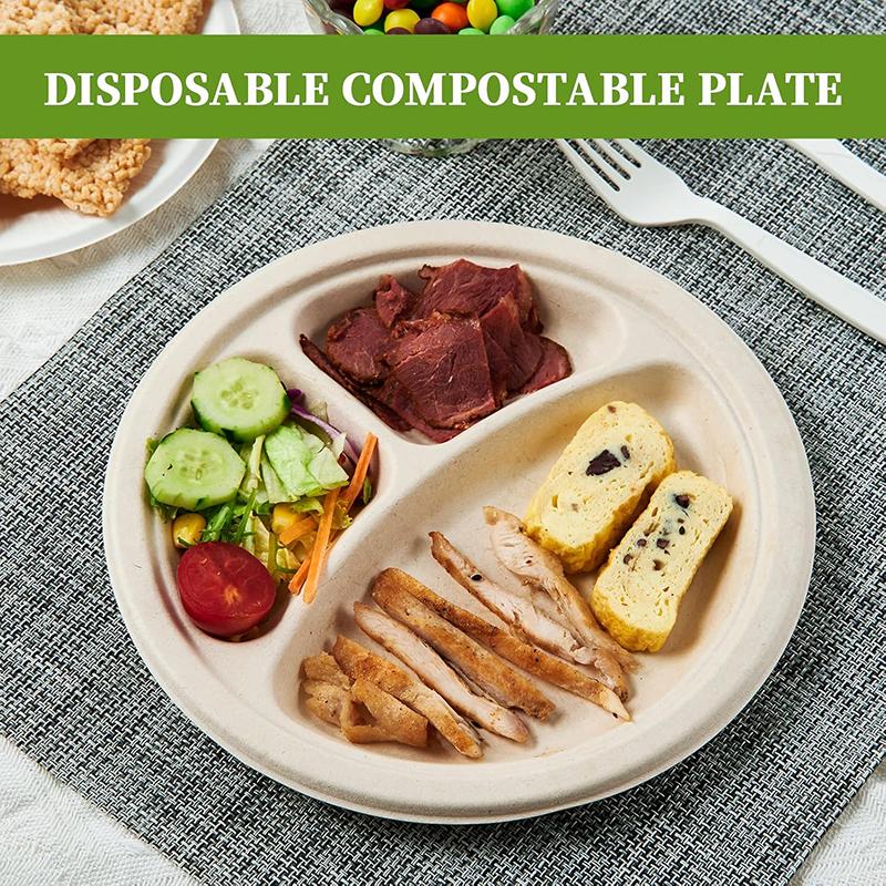 10/30Pcs Compostable 3 Compartment Plates, 8.85 inch Disposable Paper Plates, Eco-Friendly Biodegradable Bagasse Tray for Dinner