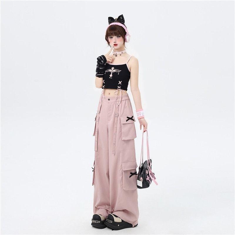 Pantalones Casuales de Verano Finos Dulces Frescos de Cintura Alta para Mujer Street Rectos Holgados Pierna Ancha Pantalones Cargo Pantalones Y2k Chica Caliente