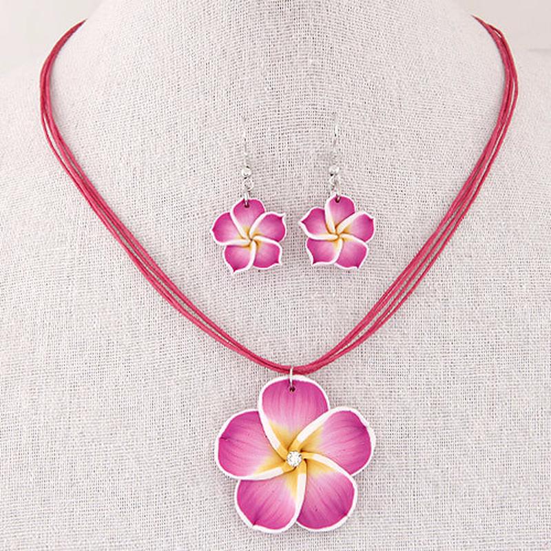 Women's Sweet Plumeria Flowers Jewelry Sets Polymer Clay Fimo Earrings  Pendant Necklace