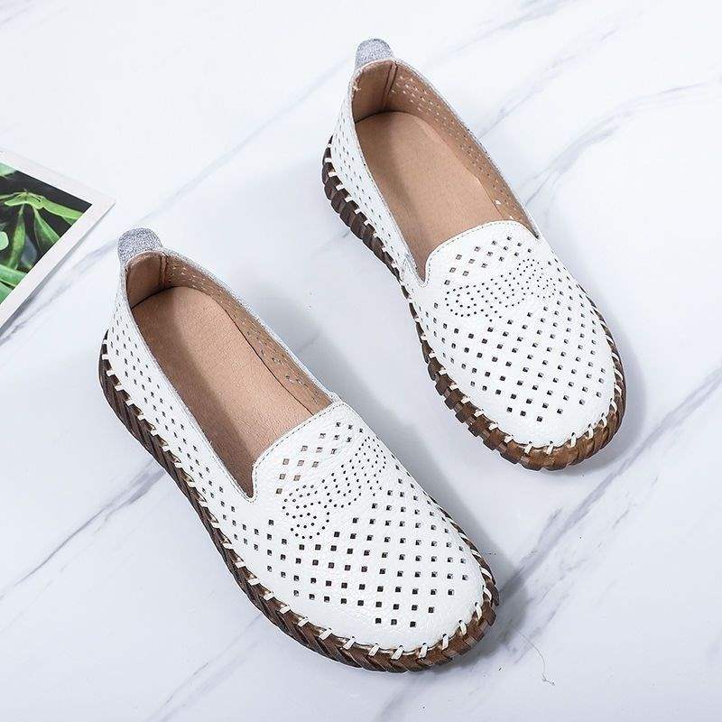 Chaussures de grand-mère en cuir souple à fond plat à trous simples, chaussures respirantes antidérapantes à semelle super douce en tendon de bœuf, chaussures de mère, chaussures décontractées pour femmes