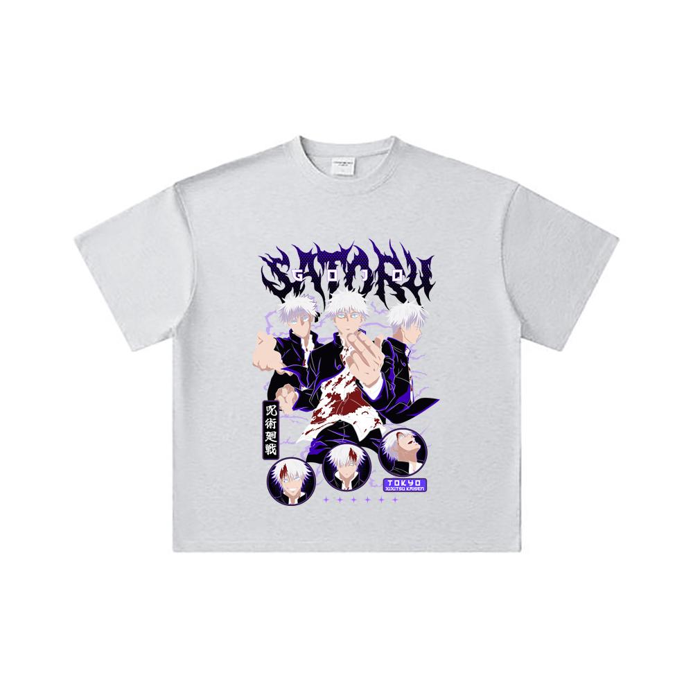 260 GSM Double Yarn 32 Count 100% Cotton Jujutsu Kaisen V6 Gojo Print Unisex Heavy Cotton T Shirt