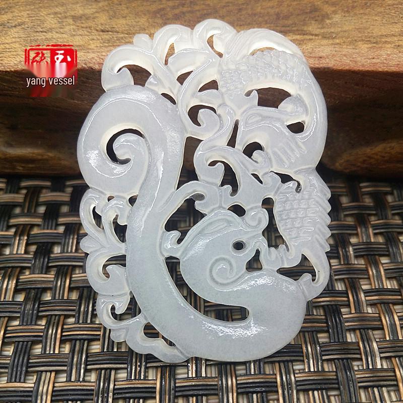 Afghanistan White Jade Dragon  Phoenix Pendant - Mutton Fat Jade, Unisex Gift 3.24 cm