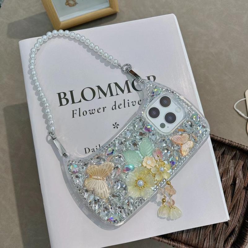 Butterfly rhinestone handbag for iphone17/16pro max mobile phone case Apple 15 pearl 14 protective case iphone17pro max жёлтый