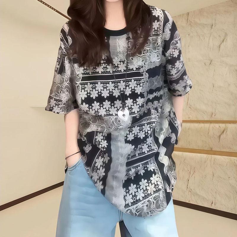 

Европейская станция 2025 Женская футболка оверсайз с принтом и круглым вырезом - Летний универсальный топ с коротким рукавом Extra Large