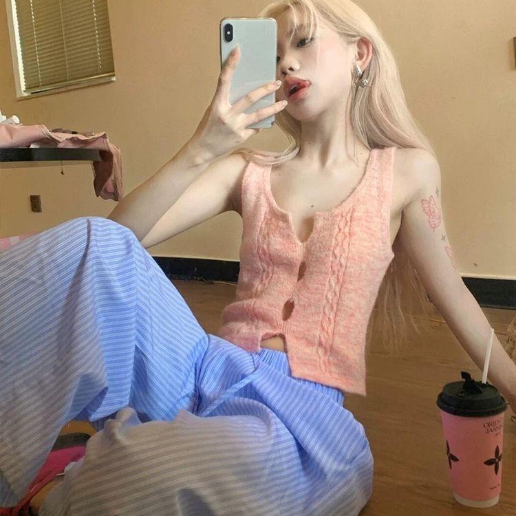 Dopamine Pink Hollow-out Knitted Vest Women's Summer Sweet Inner Wear Outerwear Vest Layered Camisole Top