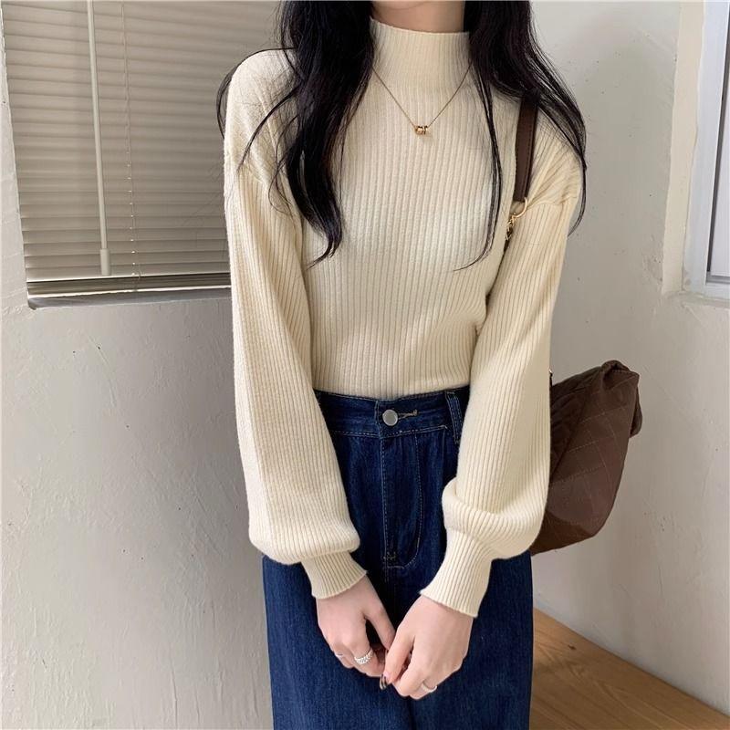 Women's Black Sweater Half Turtleneck Knitwear with Lantern Sleeves Slim Fit Long Sleeve Top for Autumn and Winter Base Layer
