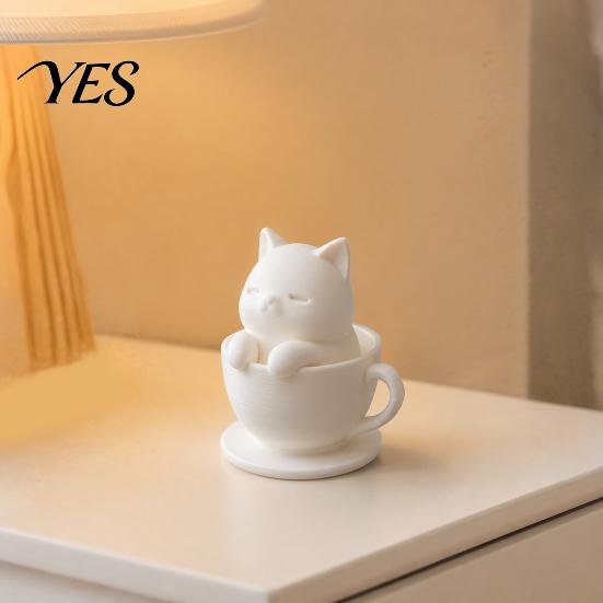 Aesthetic Desk Accessories for Women 3D Printed Cute Cat Teacup Figurine, Mini Animal Statue Healing Decor Ornament, Smooth Minimalist White Figurine