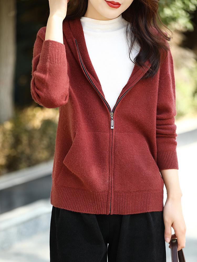 Women's Ready-to-Wear Wool Cardigan: Zipper, Pockets, Hood, Casual Loose Fit, Long-Sleeved. Perfect for Autumn/Winter.