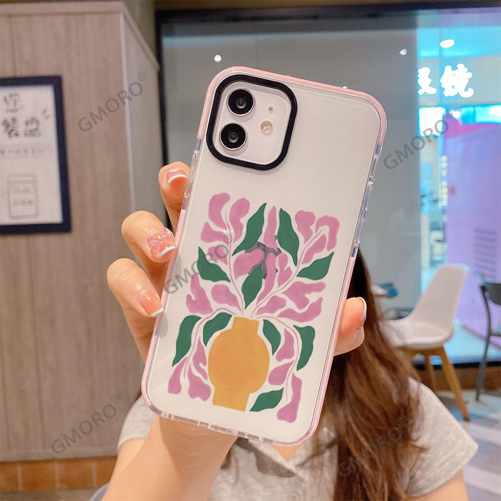 Spring Doodle Pink Flower Phone Case Suitable for iPhone 17 Full-Coverage Transparent Apple 16pm Women's Protective Case