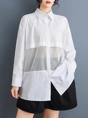 Patchwork Mesh Irregular Single Breasted Blouse GMM1178