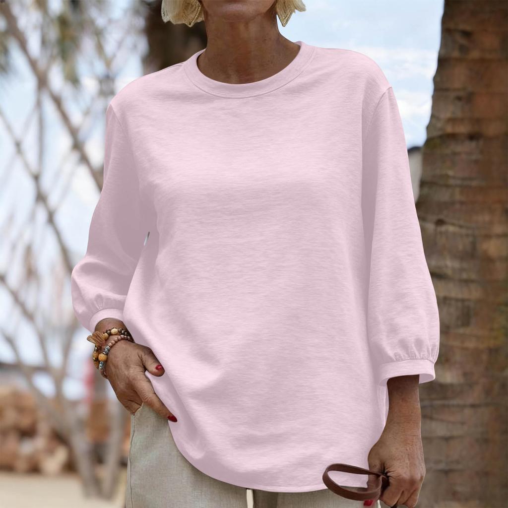 Women Loose Fit Crew Neck Three Quarter Sleeve Casual Solid Pullover Top Comfortable Relaxed Basic T Shirt Blouse