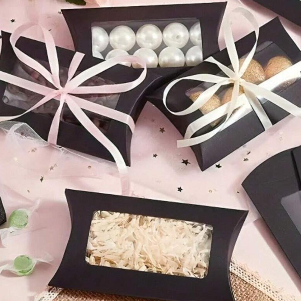 50Pcs Kraft Paper Pillow Box with Clear Window Party Favors Mini Pillow Packaging Box for Candy Chocolate Gift Jewelry Wedding