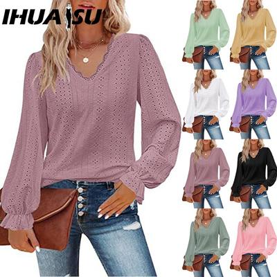 Blusas y camisas de manga larga con cuello en V y estampado de color sólido informal a la moda para mujer