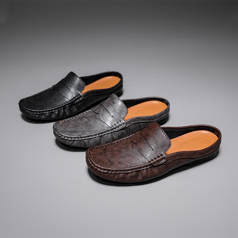 Marken Slipper Sommer Slipper Halbschuhe für Herren Leder Hausschuhe Lässig Atmungsaktiv Bequem Slipper Mokassins Braun Schwarz