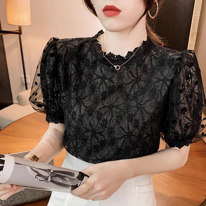 Women White Lace Blouses Summer Hollow Out Black Casual Korean Style Elegant Puff Sleeve Tops Vintage Shirt