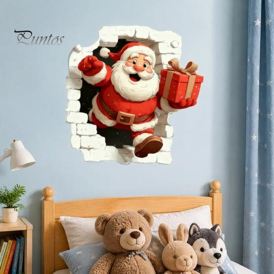 Santa Claus Window Clings Christmas Wall Stickers, 3D Reindeer Break-Through Self-Adhesive Winter Party Supplies Decal, Removable Stickers for Living