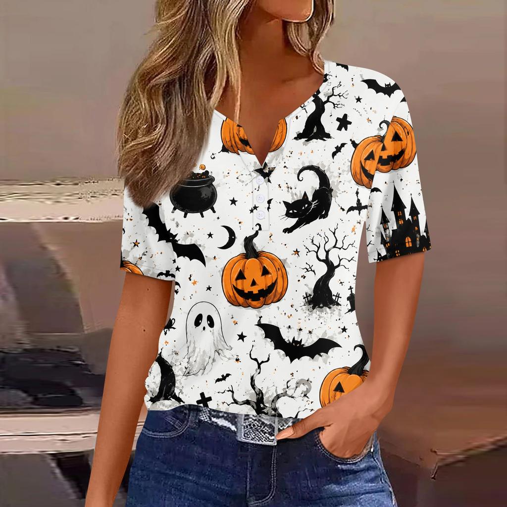 Women's Casual Halloween Print V Neck Short Sleeve Button T Shirt Top Lightweight Comfortable Fit