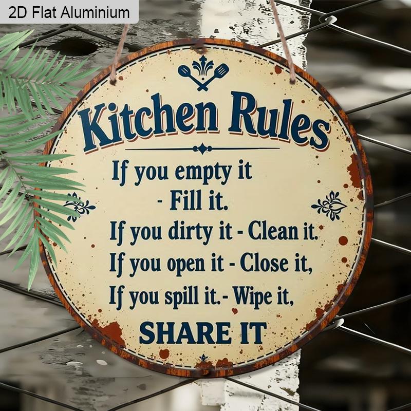 2D Flat Aluminum Rustic Farmhouse Kitchen Decor Round Metal Sign, Cute Family Manners Sign for Mom, Wife, Housewarming Gift, Pre-Drilled Holes for