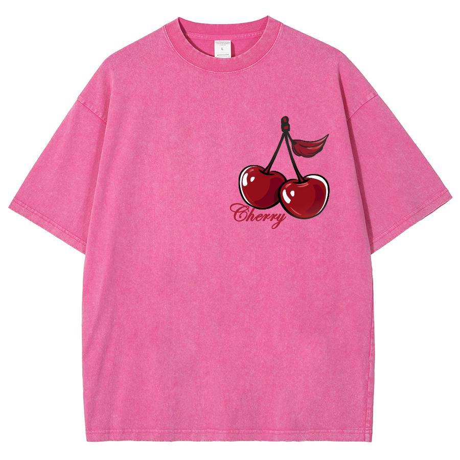 Cherry Print Wash Women's T-Shirt Oversized Loose Retro Short Sleeve Unisex Sweet Casual Fashion Top Base Tee