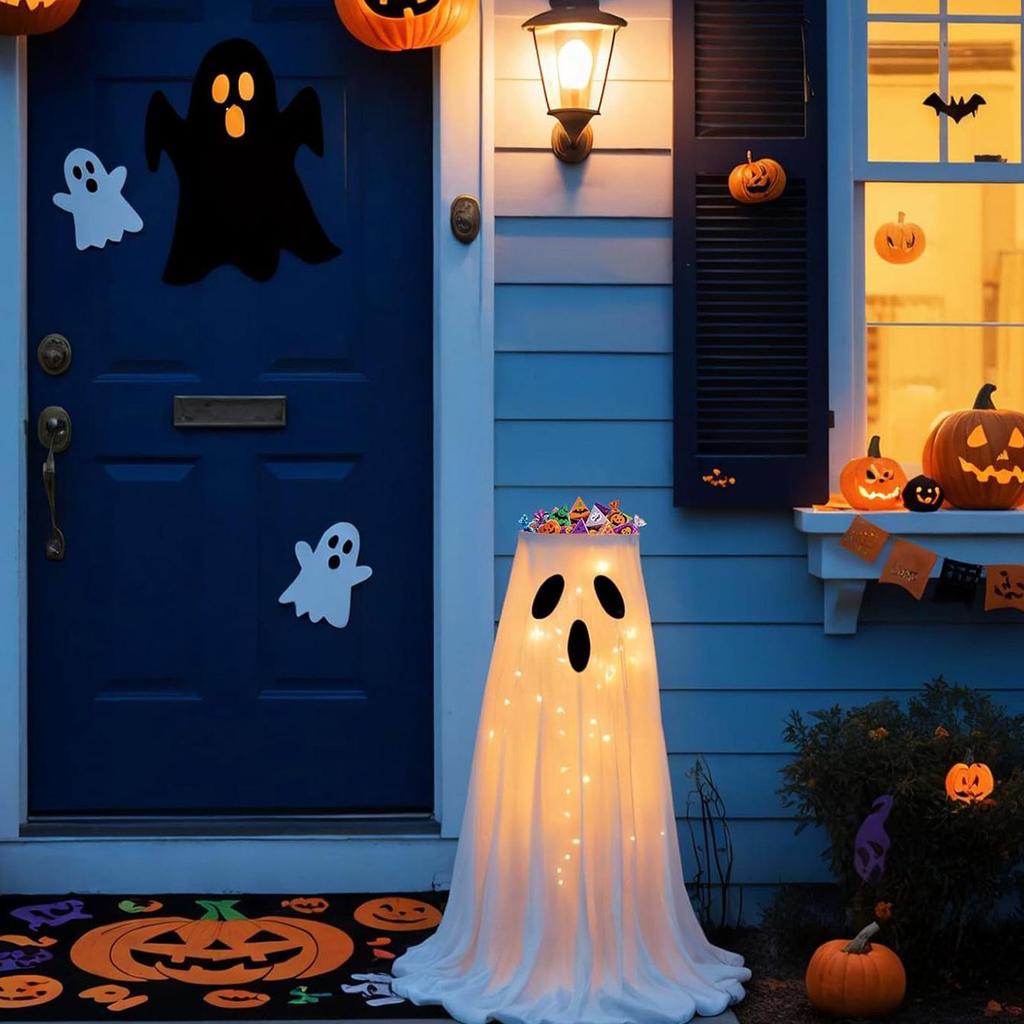 Halloween Lighted White Cloth Ghost Candy Bowl Indoor & Outdoor Decor Kit Scary Standing Ghosts Decor for Front Door Porch Yard
