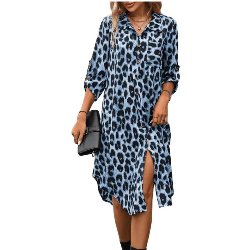 For Spring Fall Women's Elegant Leopard Print Shirt Dress with Button Front and Roll Up Sleeve