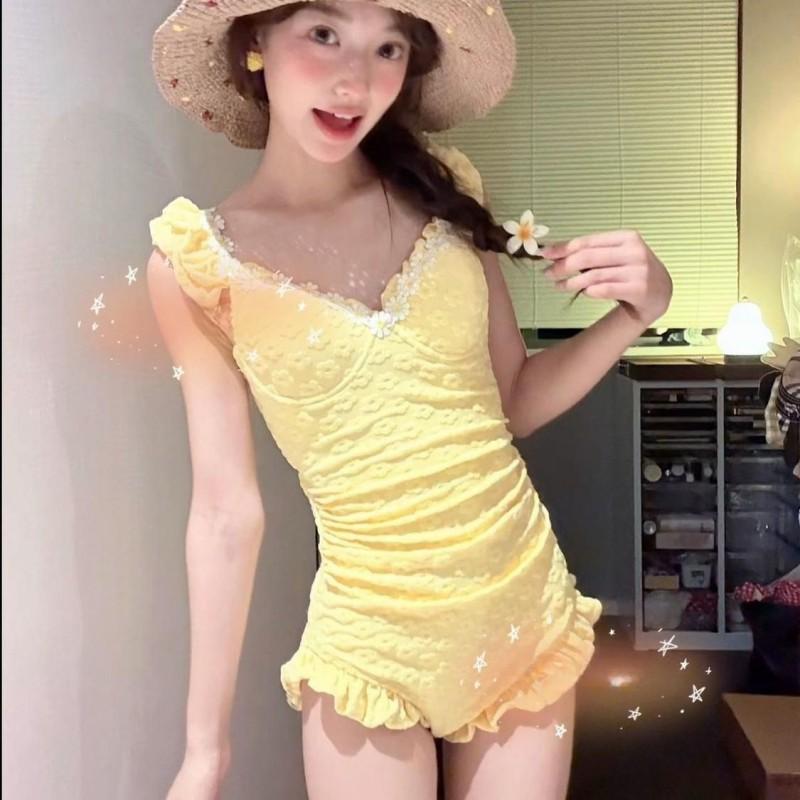

Little Daisy Swimsuit One-piece Flat Corner Small Chest Steel Support Gathered Bikini Pure Desire Style L