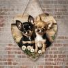 Drewniany Znak w Kształcie Serca z Uroczym Wzorem Chihuahua - Unikalna Okrągła Ozdoba na Drzwi Wejściowe, Dekoracja Ścienna - Idealna Domowa Dekoracja do Zawieszenia