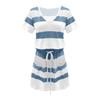 Women’s Short Sleeve V Neck Striped Mini Dress with Drawstring Waist and Front Pockets Casual Loose Fit Summer Dress