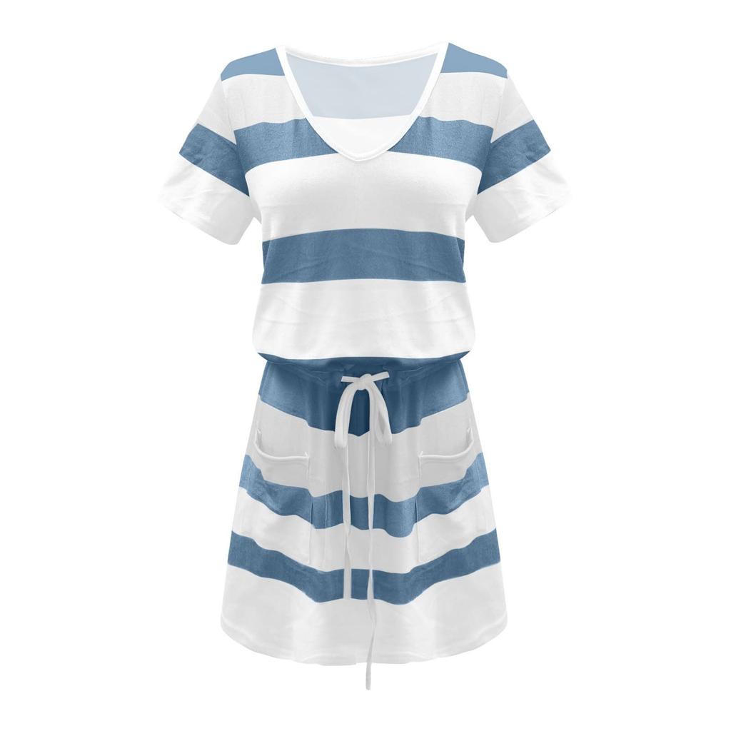 Women’s Short Sleeve V Neck Striped Mini Dress with Drawstring Waist and Front Pockets Casual Loose Fit Summer Dress
